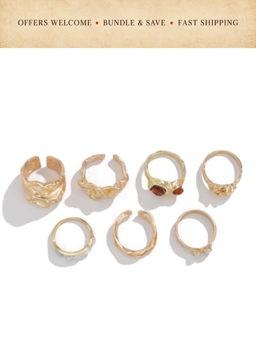 7pc Gold Plated Brass Adjustable Stackable Rings Set